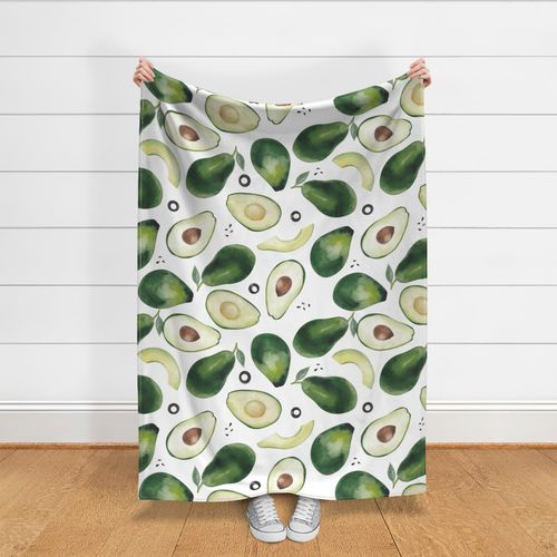 Watercolor Pattern with Avocado and Slices on a White Background.