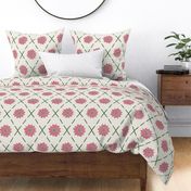 (L) Block Print Flowers in Diagonal Grid green and pink