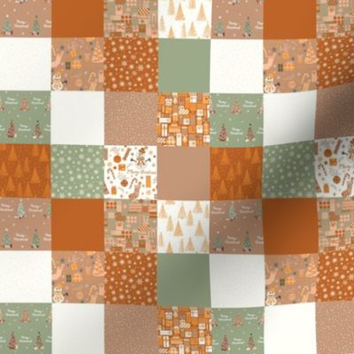 Small - Natural Christmas Festive Winter Holiday Patchwork - 1.18in squares - Burnt Orange - Laurel Green - Milk - Caramel Taupe