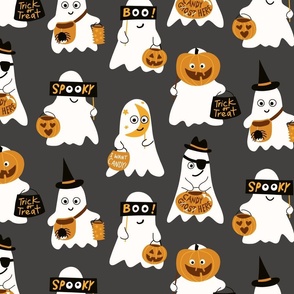 Cheeky Ghosts / big scale / charcoal dark grey cute Halloween kids design ghosts out on the hunt for sweets and candy