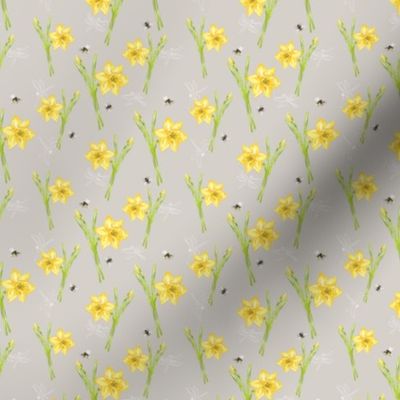 Bees Daffodils Dragonflies on Warm Grey Mini Pattern 3in x 3in