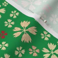 Christmas Retro Flowers in Red and Beige on Green Background