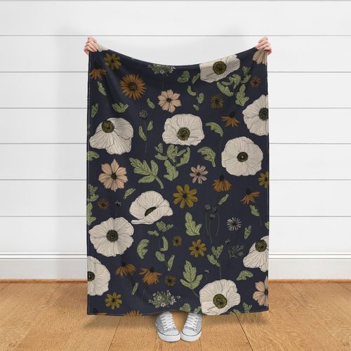 xl - Poppy meadow - creamy poppies and earth tones zinnia and cosmos flowers on dark baritone blue