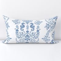 Seahorse Serenade Damask - Blue on White Wallpaper - New