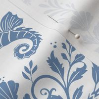 Seahorse Serenade Damask - Blue on White Wallpaper - New