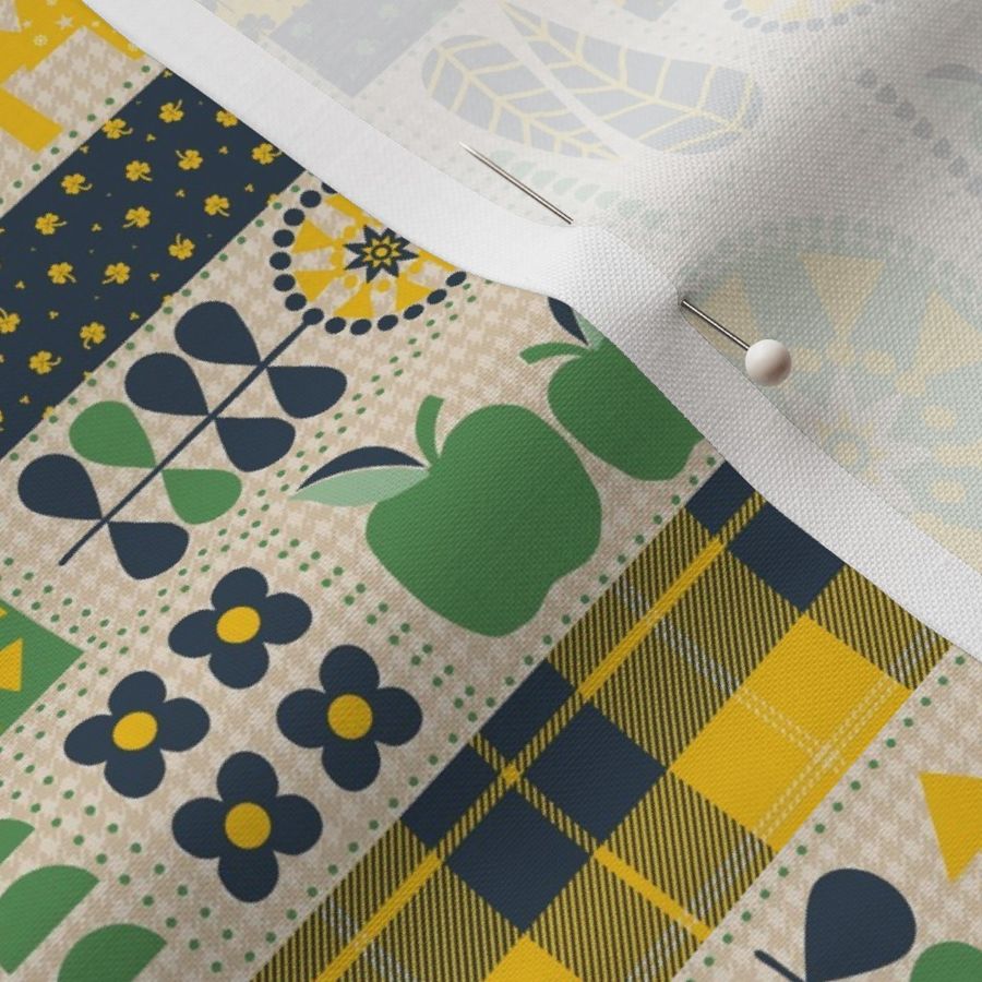 Small // Winter Holiday Quilt - Green, Yellow, Navy, Cream Beige