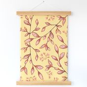 Warm Rose Field with nitty gritty branches, leaves, flowers for comfy home decor, wallpaper fabric on clear background color Honey Bee