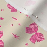 Checked Bows Stars Sparks Dots Hot Pink On Cream White tossed non-directional coordinate ditsy | Medium