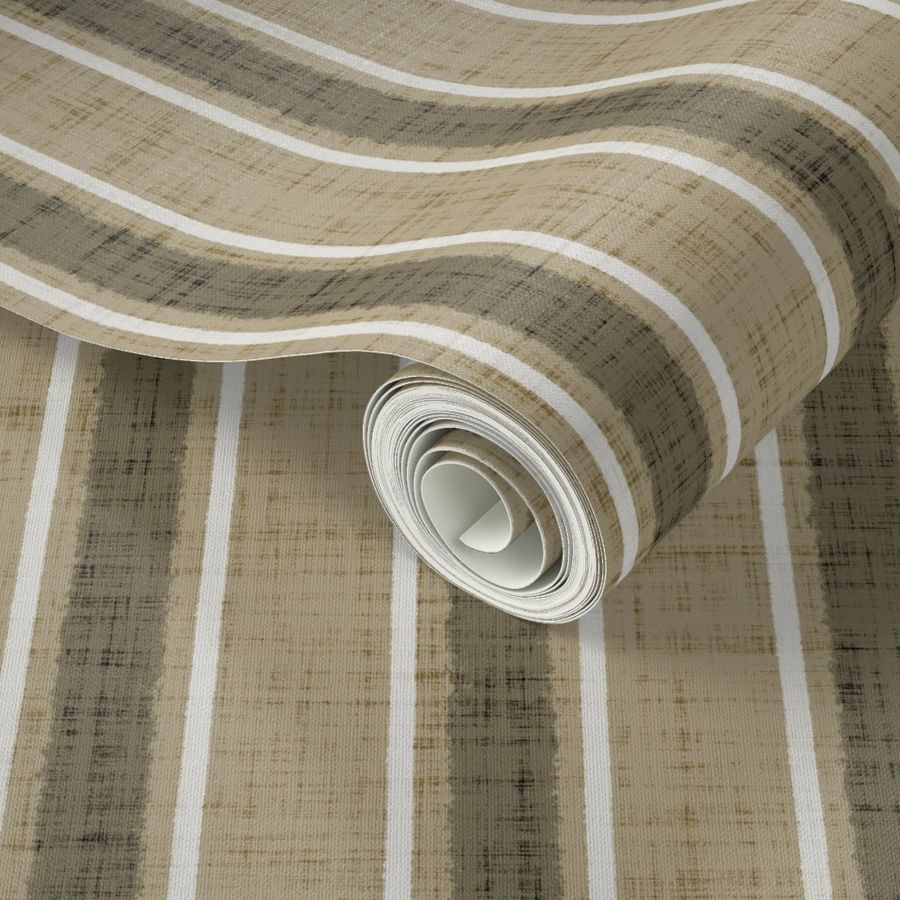 Small - grainy ticking stripes with linen texture - ivory & flax & sepia