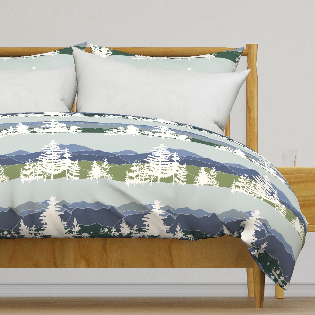  Blue Ridge Holiday Mountain Landscape Scene in blue, green, and white | Jumbo version | Hand drawn outdoor hiking inspired