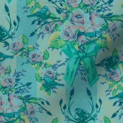 Opulent Jewel Tones Turquoise, Blush Pink Vintage Floral Mix, Opulent Grandmillennial Granny Attic Vibes, Blush Pink Florals, Feminine 1940s Roses, Big Turquoise Blue Ribbon Floral, Decorative Birds and Flowers, Pretty Little Garden Birds, Ornate Vintage 