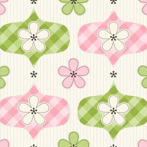 Gingham Floral Ogee on Pinstripes - Preppy Pink and Green