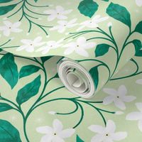 Indian Florals Crepe Jasmine on Mint Green Large Scale