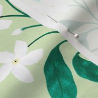 Indian Florals Crepe Jasmine on Mint Green Large Scale