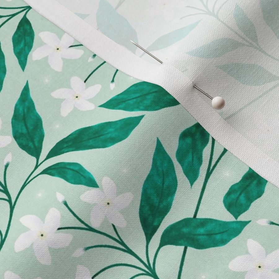 Indian Florals Crepe Jasmine on Mint Small Scale