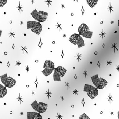 Checked Bows Stars Sparks Dots Black On White Tossed Non-Directional Coordinate Ditsy Medium