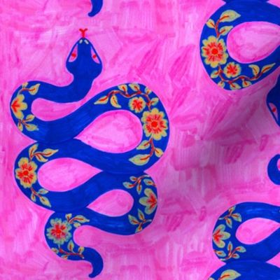 Electric blue snakes with floral decoration on hot pink hand drawn background Medium scale