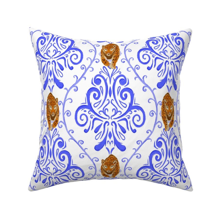 Jaguar blue on white damask design. Handmade French baroque, in diamond shape, royal blue, modern damask, maximalist, outspoken, quirky. Design 1