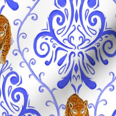 Jaguar blue on white damask design. Handmade French baroque, in diamond shape, royal blue, modern damask, maximalist, outspoken, quirky. Design 1