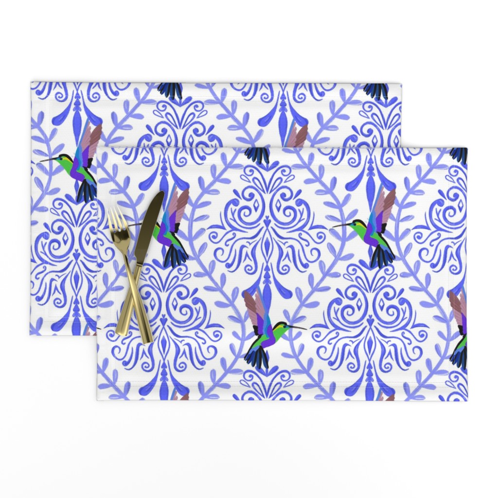 Hummingbird purple blue on white damask design. Handmade French baroque, in diamond shape, royal blue, modern damask, maximalist, outspoken, quirky. Design 2