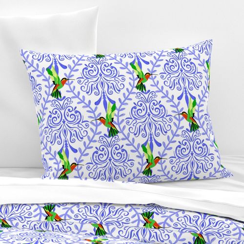 Hummingbird green blue on white damask design. Handmade French baroque, in diamond shape, royal blue, modern damask, maximalist, outspoken, quirky. Design 2