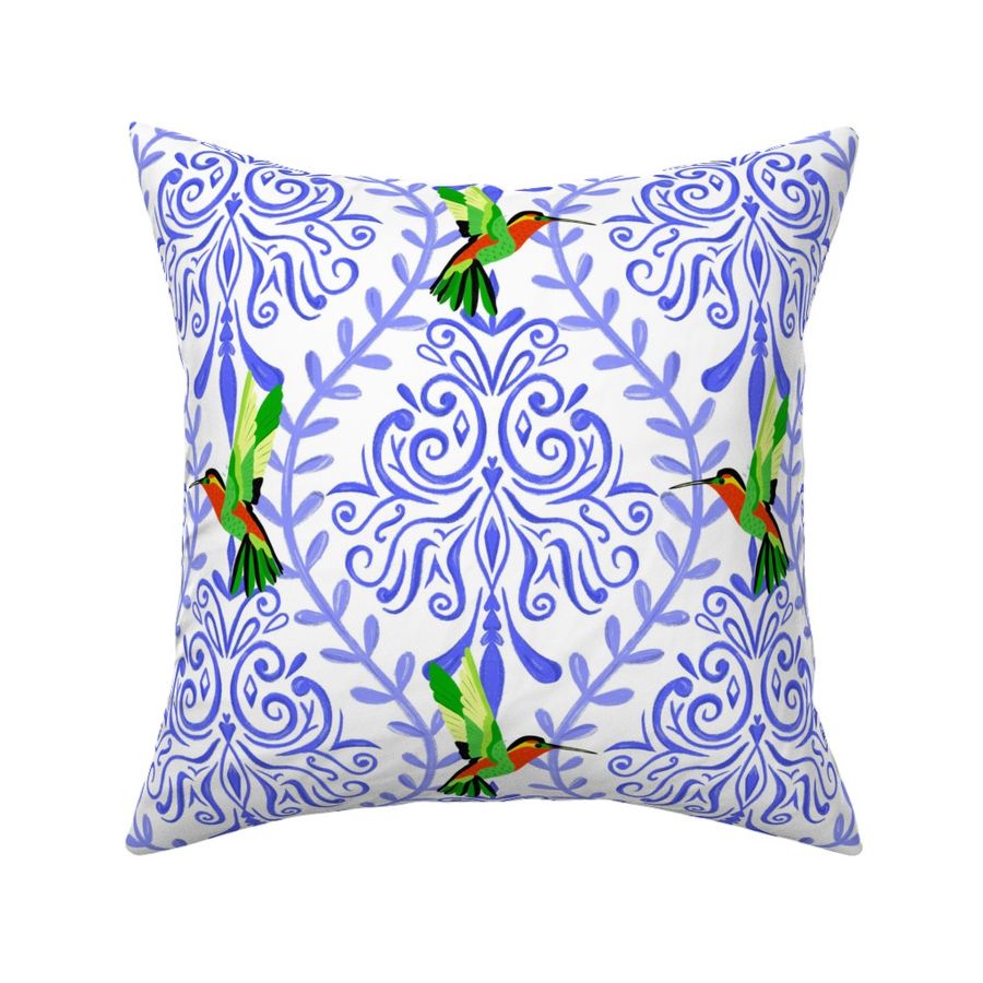 Hummingbird green blue on white damask design. Handmade French baroque, in diamond shape, royal blue, modern damask, maximalist, outspoken, quirky. Design 2