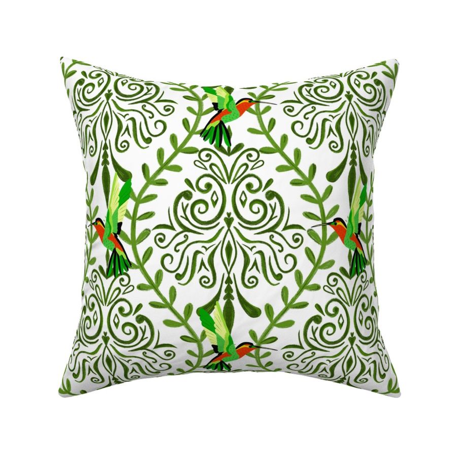 Hummingbird green on white modern damask French diamond shape maximalist 2