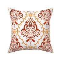 Orange on white damask design. Handmade French baroque, castle style damask in diamond shape, terracotta, modern damask, maximalist, outspoken, quirky. Design 1