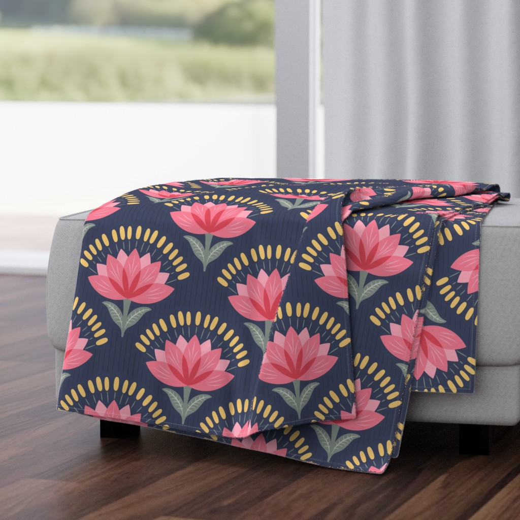 Large Strawberry Shortcake Pink Floral Preppy Art Deco Scallop Pattern on 826 Stunning Navy-blue Background