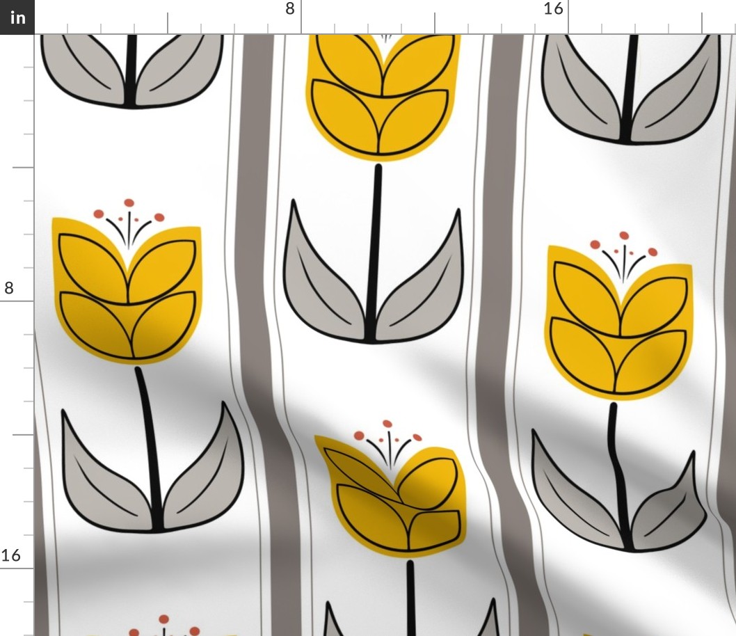 Geometric tulips  with vertical stripes-Yellow red and grey tones-Large