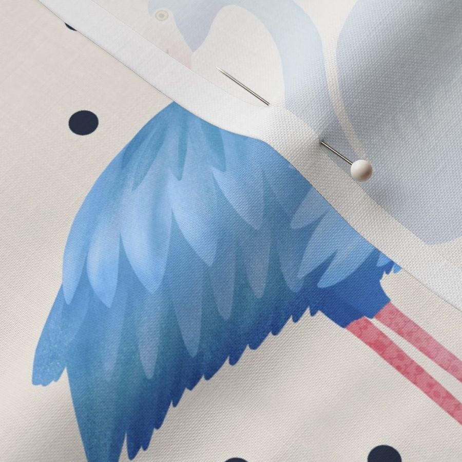 L - Preppy Flamingos - Blue Feathers on Ivory White