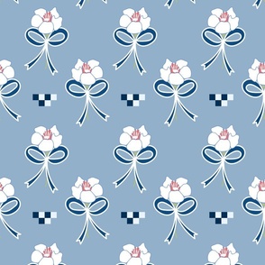 Sweet Preppy Poppies And Bows On Blue.