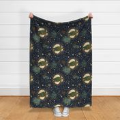 Galactic sea - celestial Sea turtle in navy Large - hand drawn turtle floating on the space - whimsical stars, moons and constellation - cosmic ocean