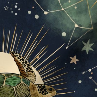 Galactic sea - celestial Sea turtle in navy Large - hand drawn turtle floating on the space - whimsical stars, moons and constellation - cosmic ocean