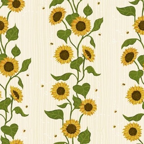 12" Vintage Sunflower Trailing Floral Stripes with Bees 1 - Golden Yellow and Green - Cottagecore Flower Garden