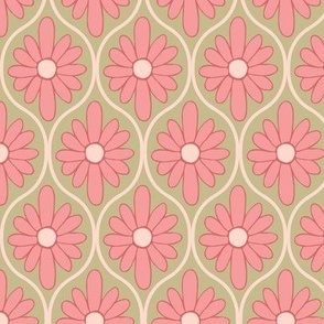 Pink Floral Ogee on Green Background