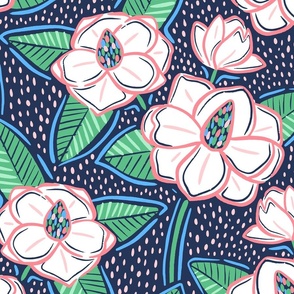 Preppy Southern Magnolia Branches - Large Scale - Green, Pink, and Blue - Stylish Hand-Drawn Maximalist Floral - Perfect for Dorm Room Decor