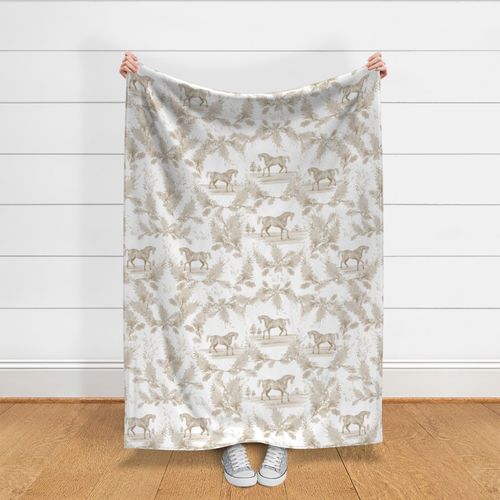 Large Equestrian Circular Toile - Tan and White Horses and Oak Leaves