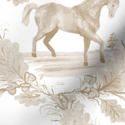 Large Equestrian Circular Toile - Tan and White Horses and Oak Leaves