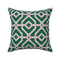 Chinoiserie bamboo trellis/lattice, preppy, grandmillennial -  perfect pink and white on emerald green - medium