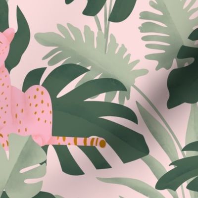 Jungle Cheetahs Pink and Green Medium - hand-drawn, leopards, jaguar, big cat, panther, puma, botanical, stylish, tropical, exotic, trendy, modern, fun, wallpaper, feature wall, statement wall, home decor