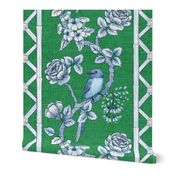 Preppy Green and blue chinoiserie trellis stripe 12”