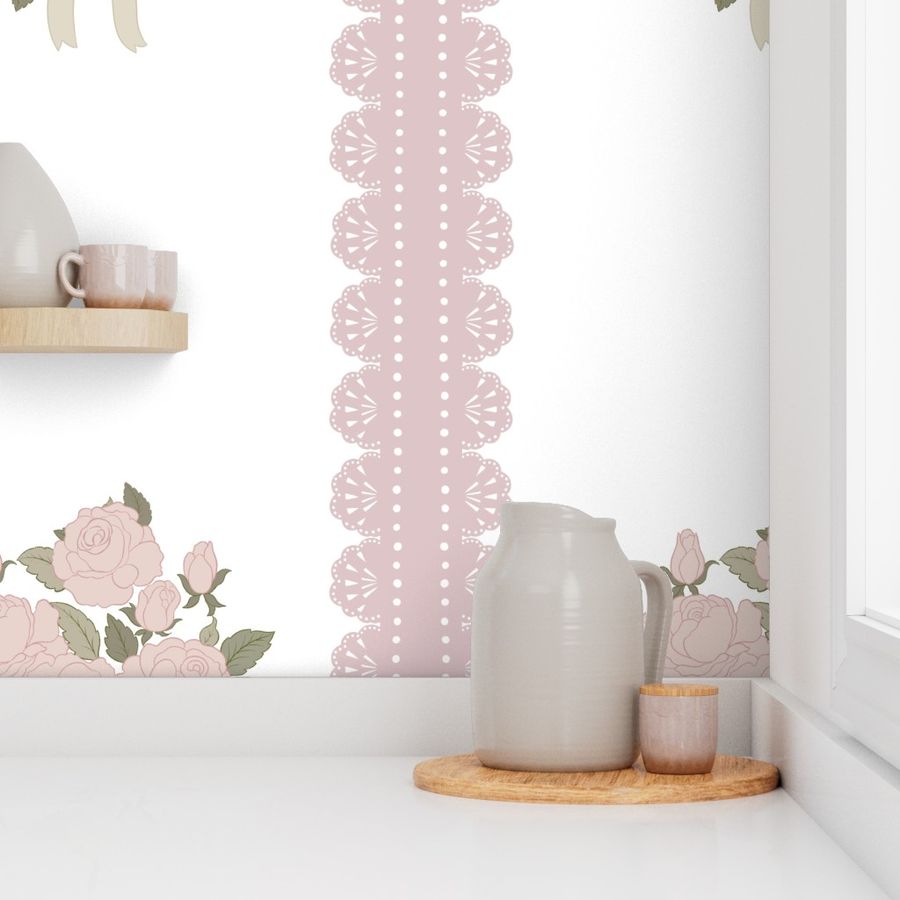 Pale Pink Rose Bouquet with Ribbon Bow - Grandmillenial/Coquette Wallpaper 