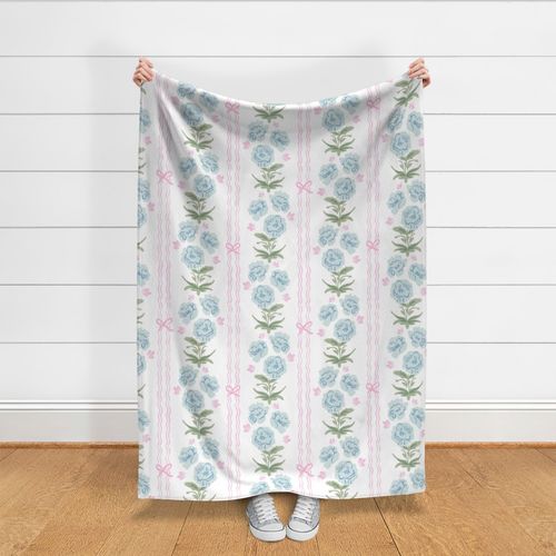 (medium) Preppy Peonies With Coquette Bows and serpentine stripes in Grandmillennial Aesthetic for Girls Room soft Baby blue Rose Pink