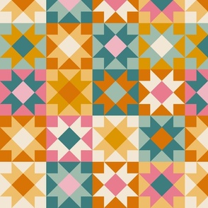L 4"  // Festive Quilted Christmas Stars for holiday coziness in teal orange pink brown  in 4" 