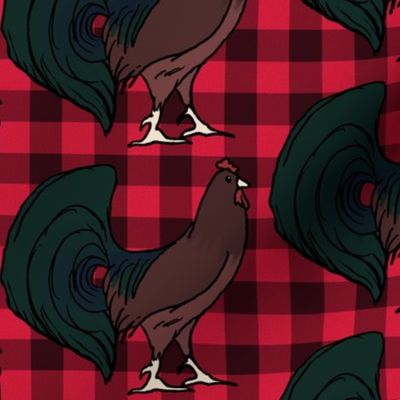 Rooster on Red Plaid