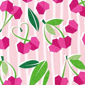 Preppy pink cherries // large jumbo scale // pastel pink background geometric paper cut retro summer stone fruits