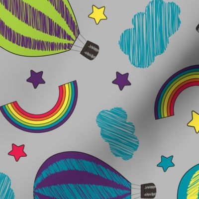 Neon Hot Air Balloons Rainbows And Clouds On Gray Big