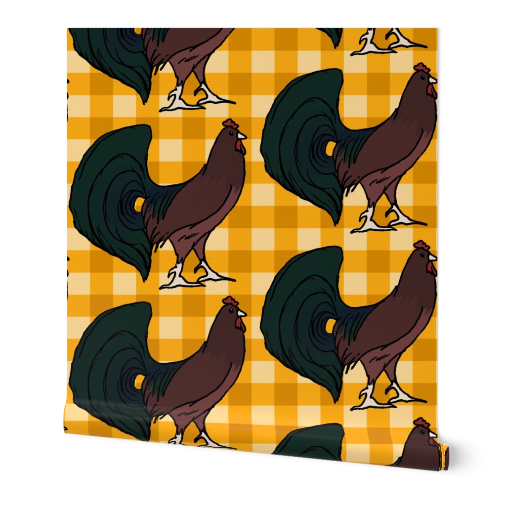 Rooster on Yellow Plaid