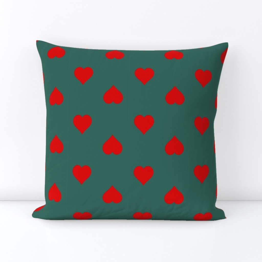 Large Red Hearts on Dark Green - Christmas Hearts - Polka Dot Hearts